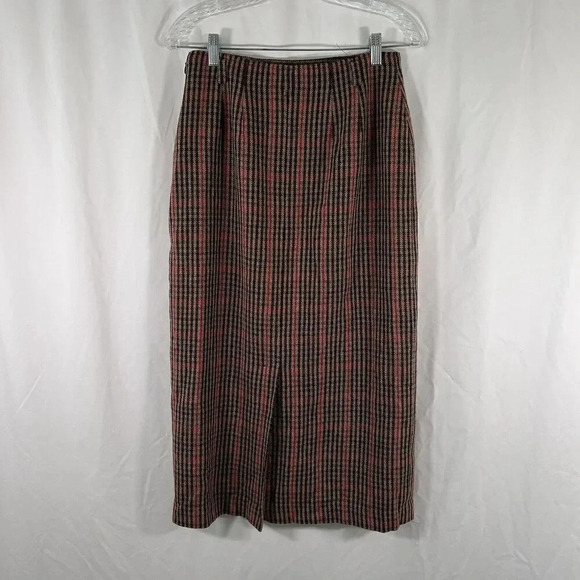 Liz Sport Wool Blend Skirt Women's 10 Brown Plaid Lined Side Zip Back Slit - Picture 5 of 9